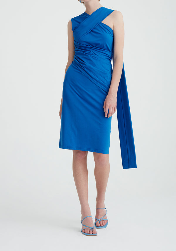 Paisie Shoulder Drape Midi Dress in Dark Blue