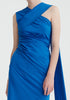 Paisie Shoulder Drape Midi Dress in Dark Blue Close Up