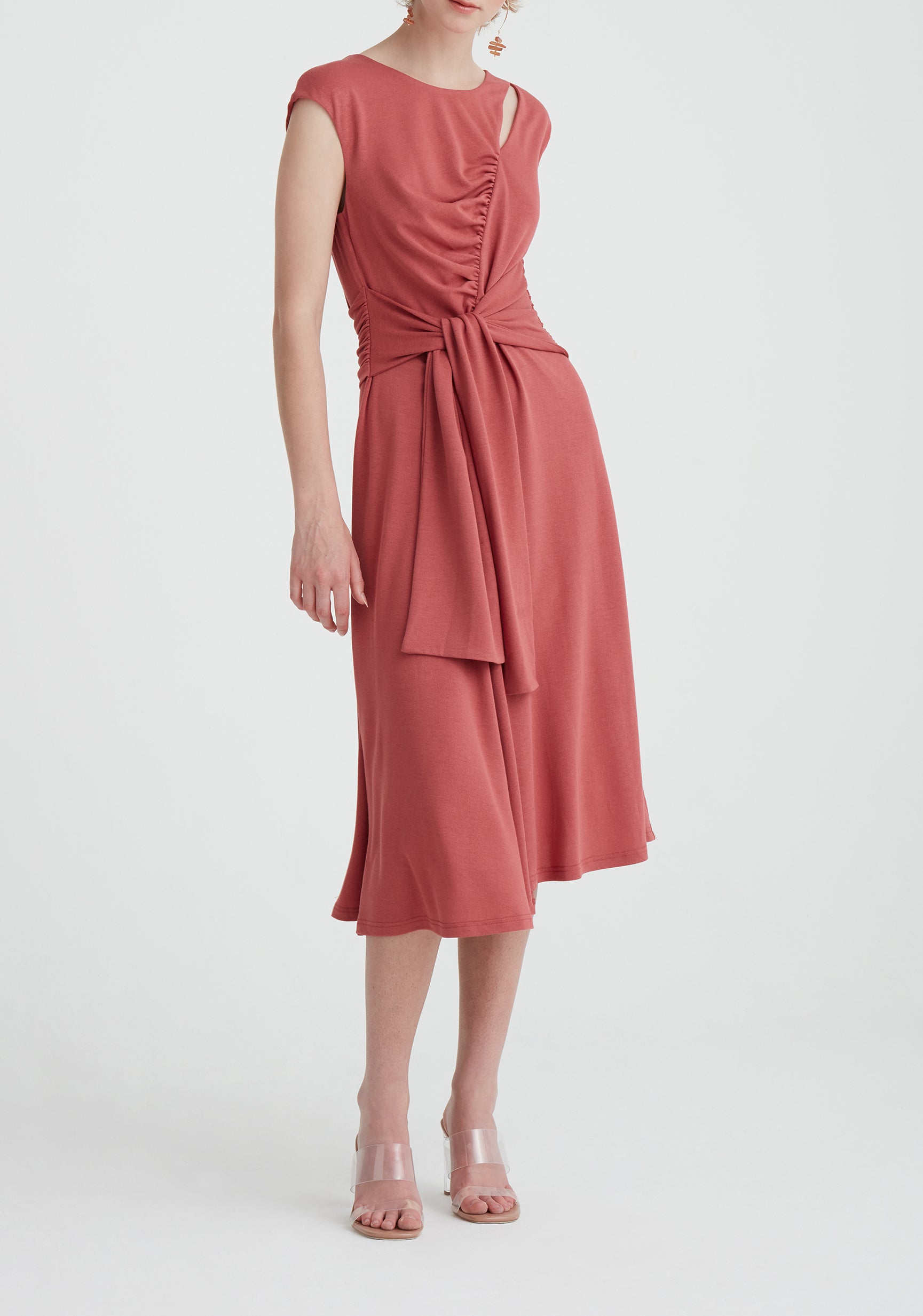 Paisie Ruched Waist Tie Midi Dress in Pink