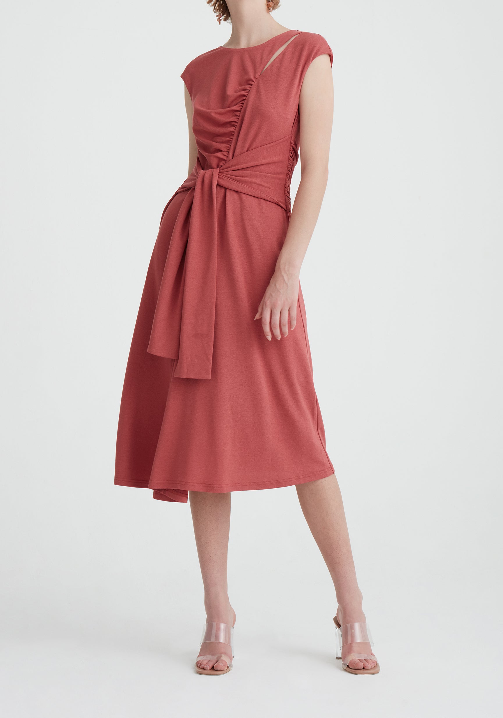 Paisie Ruched Waist Tie Midi Dress in Pink