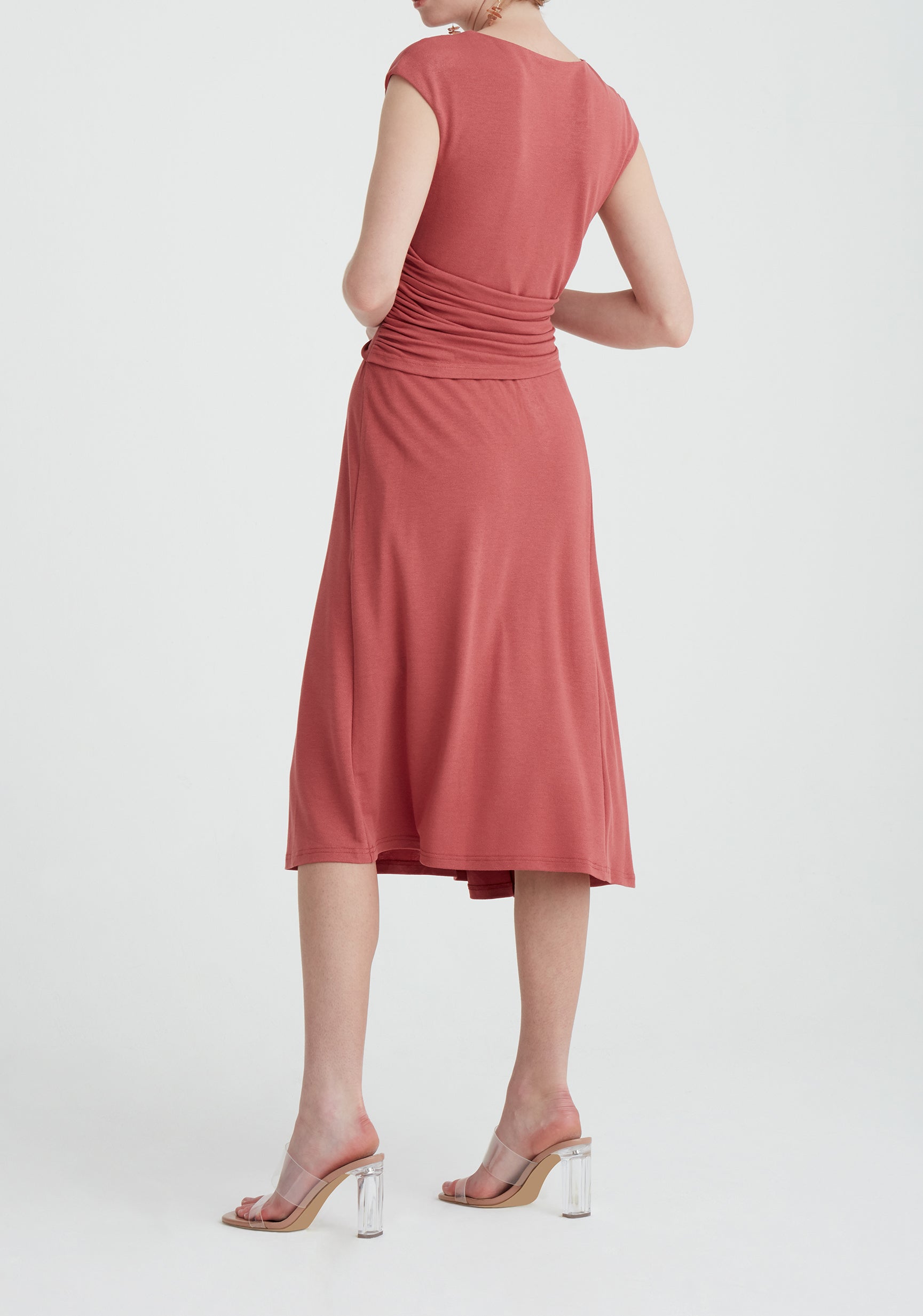 Paisie Ruched Waist Tie Midi Dress in Pink Back