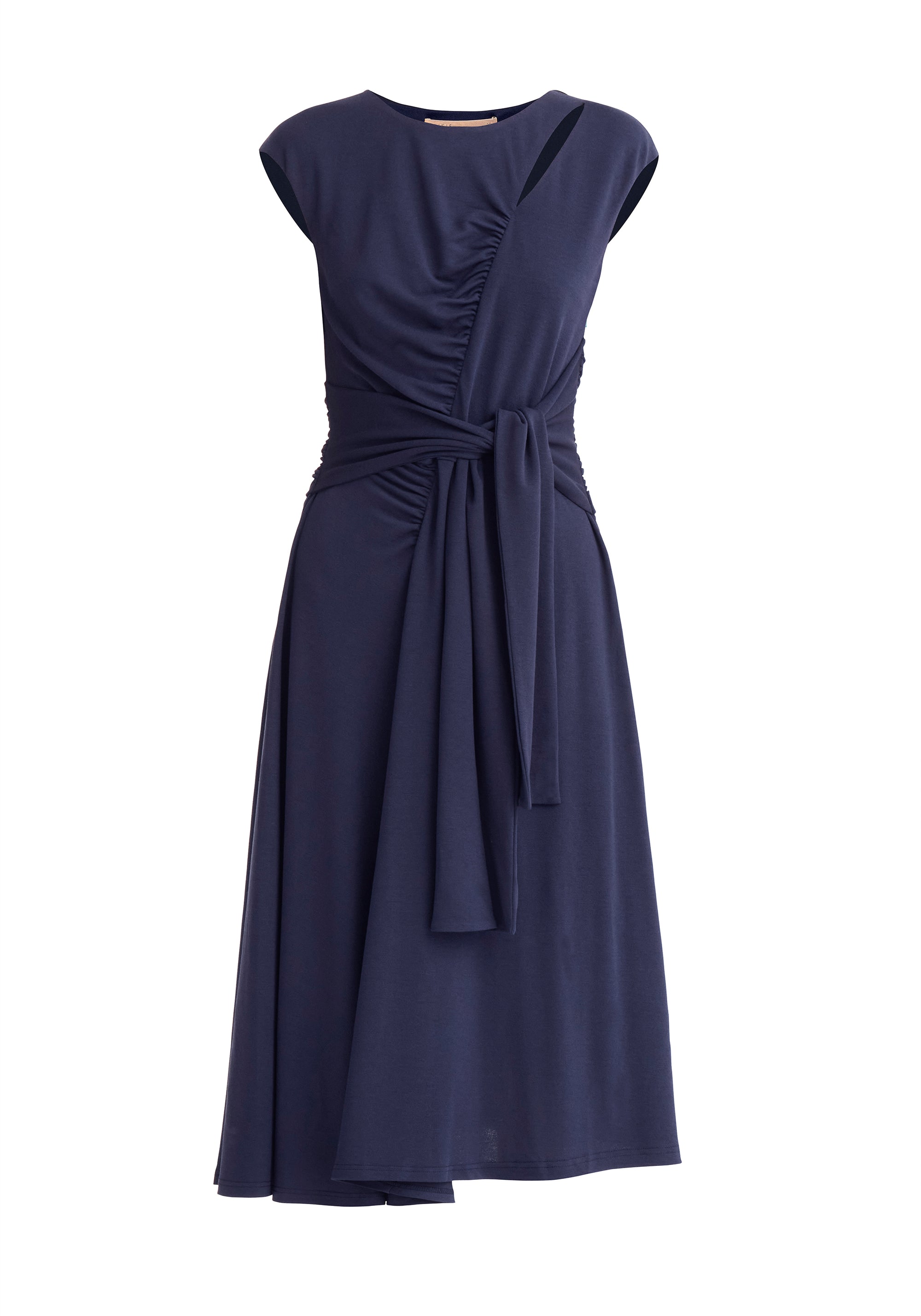 Paisie Ruched Waist Tie Midi Dress in Navy Cut Out