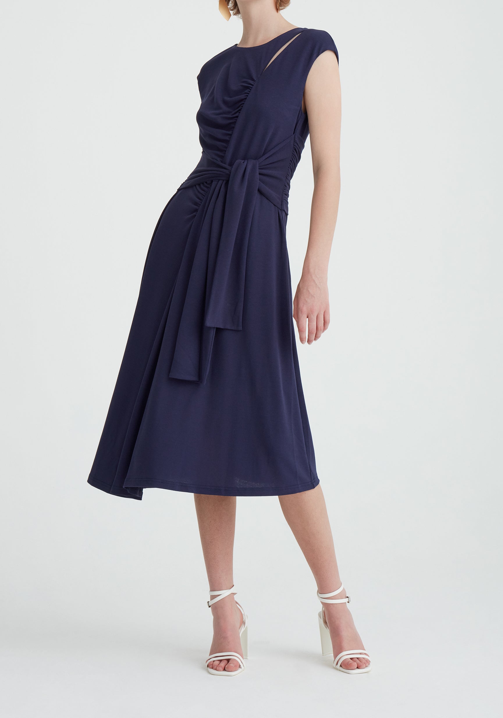 Paisie Ruched Waist Tie Midi Dress in Navy