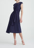 Paisie Ruched Waist Tie Midi Dress in Navy