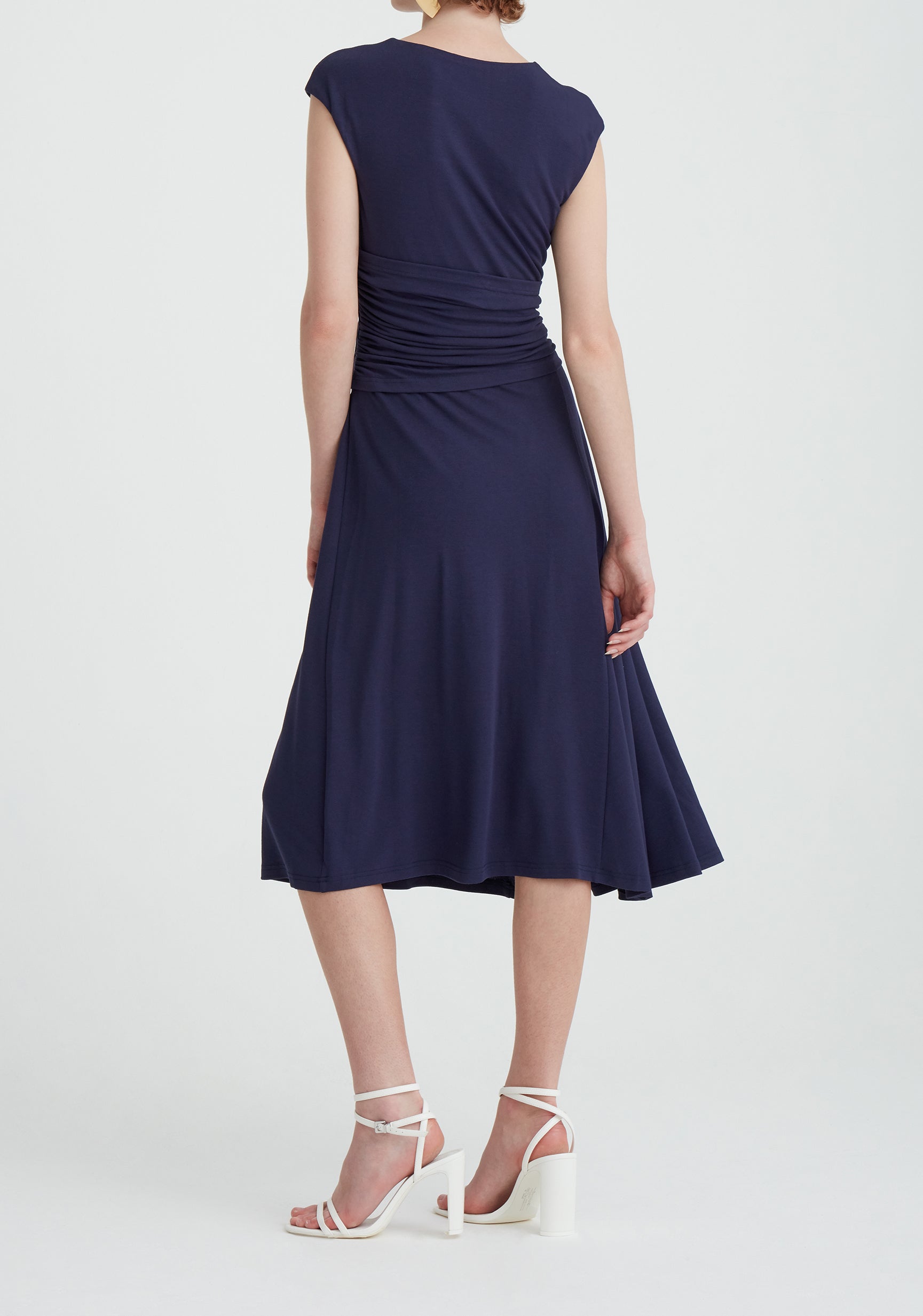 Paisie Ruched Waist Tie Midi Dress in Navy Back