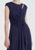 Paisie Ruched Waist Tie Midi Dress in Navy Close Up