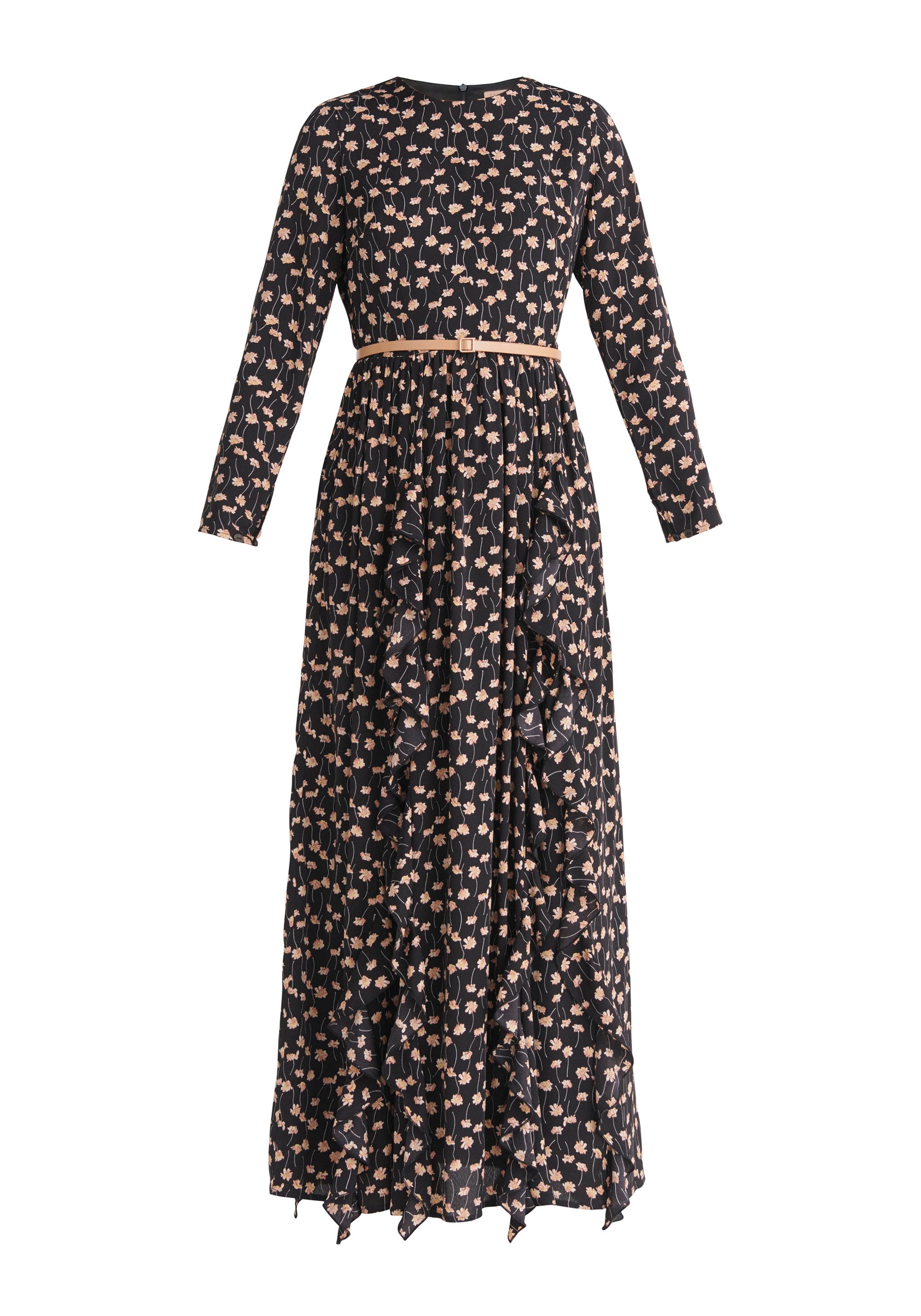 Paisie Frilled Floral Maxi Dress with Belt in Black Cut Out