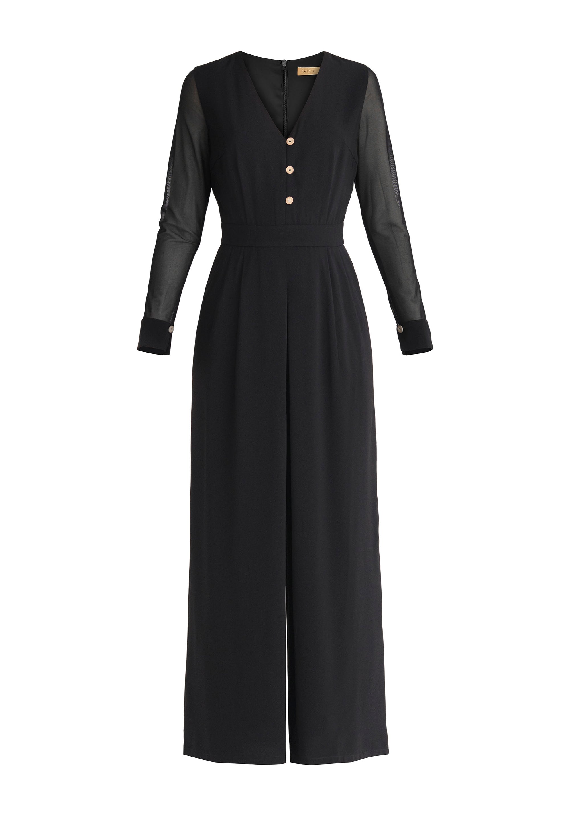 Paisie V-Neck Jumpsuit with Sheer Sleeves in Black Cut Out