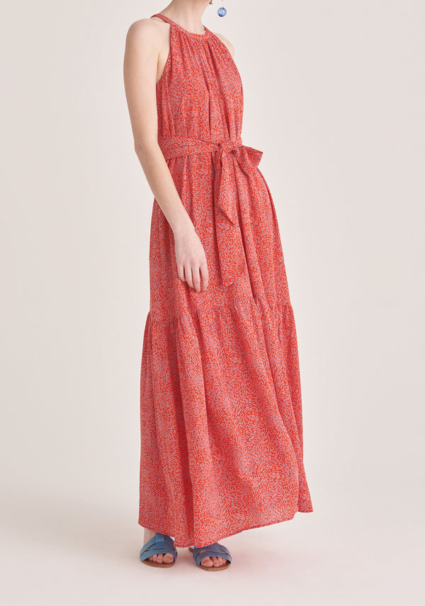 Paisie Graphic Print Halterneck Maxi Dress in Red