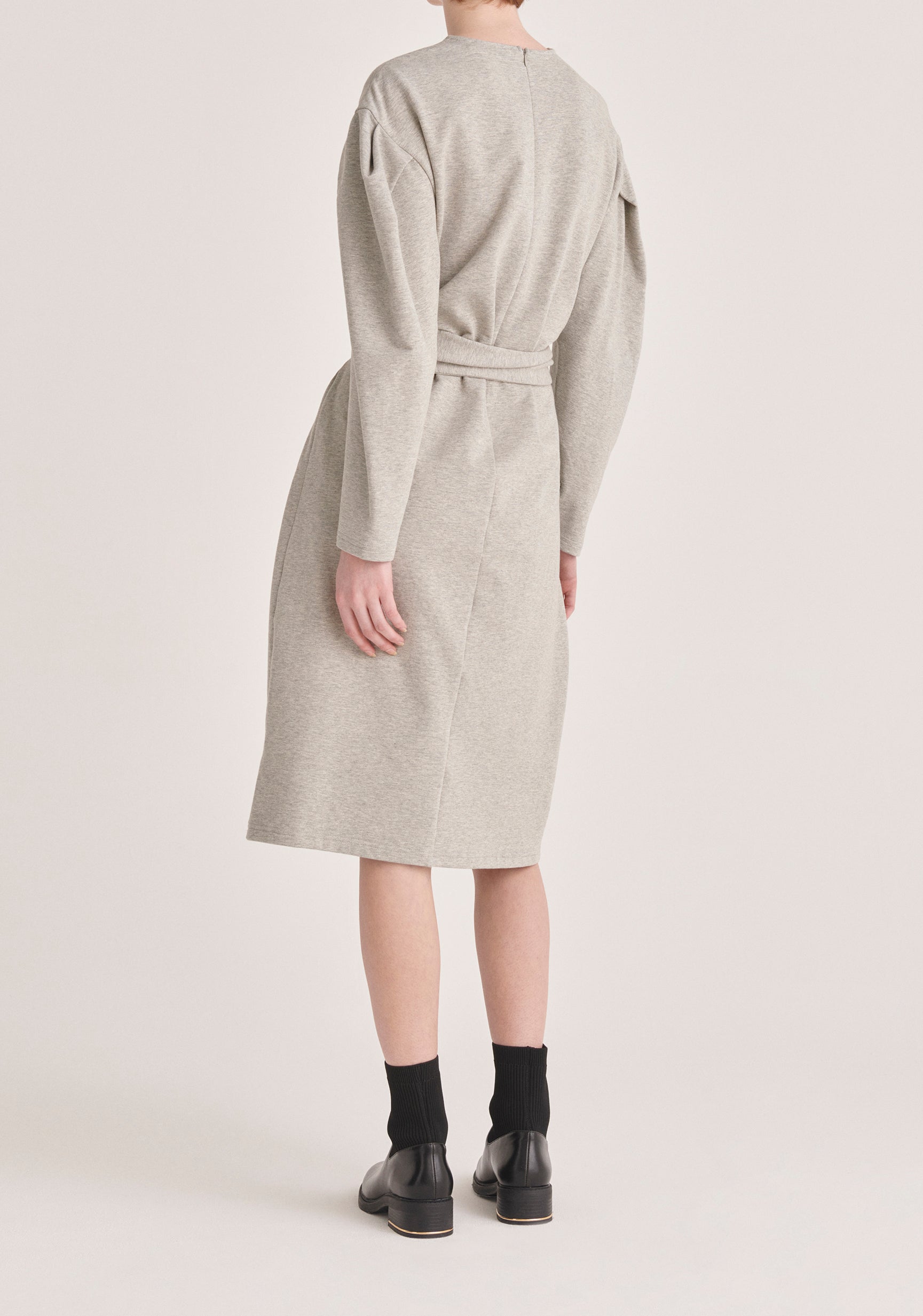 Paisie Midi Waist Tie Jersey Dress in Grey Back