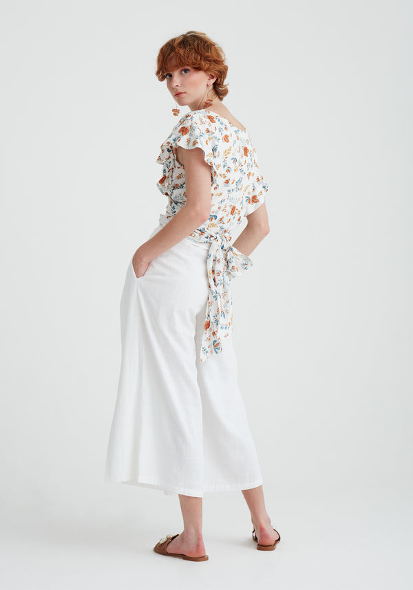 Paisie Linen Blend Culottes with Side Splits in White Back