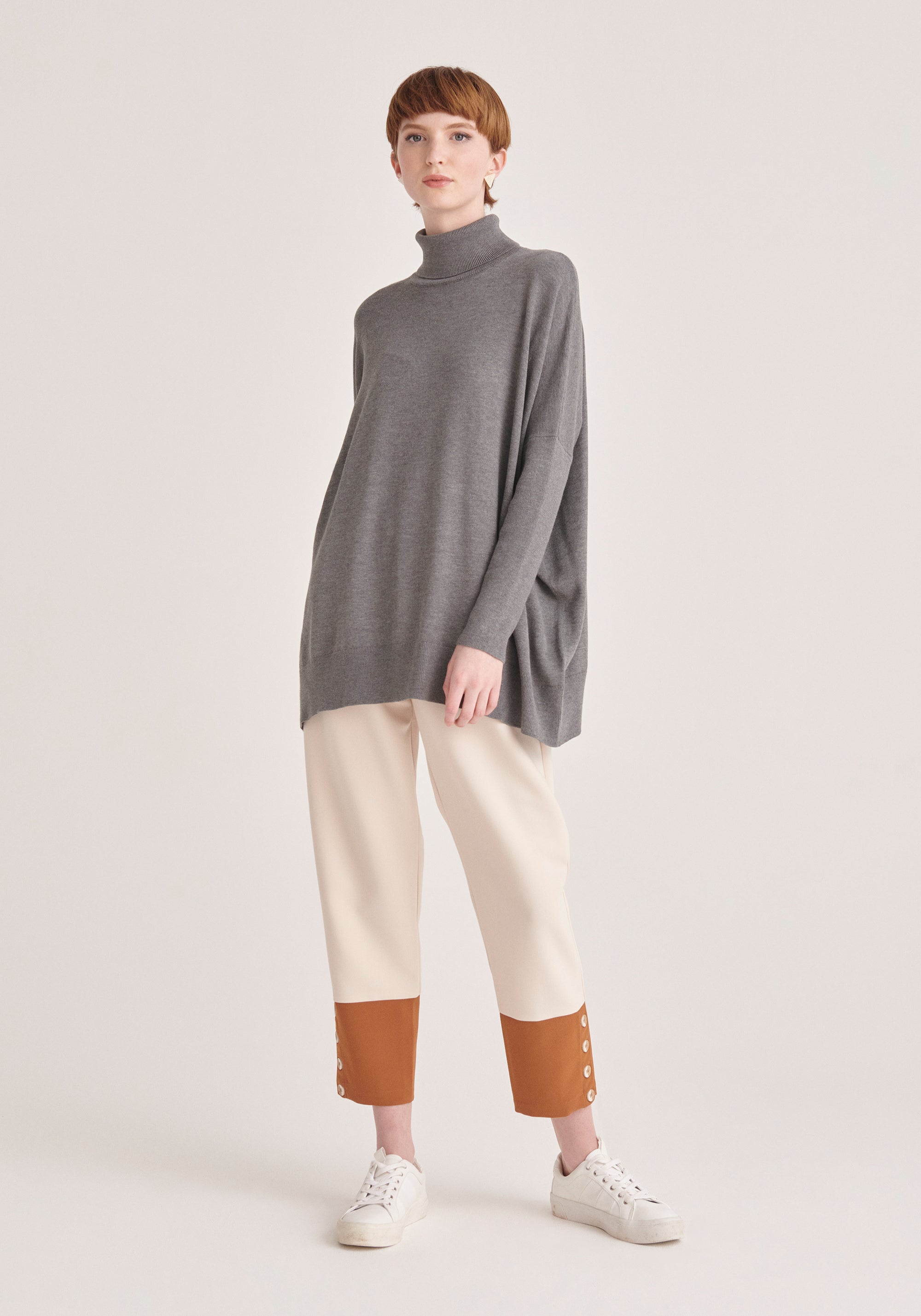 Paisie Two Tone Button Trousers in Cream and Brown