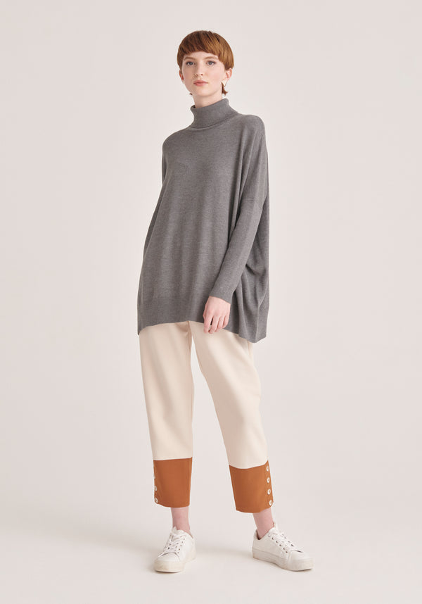 Paisie Two Tone Button Trousers in Cream and Brown