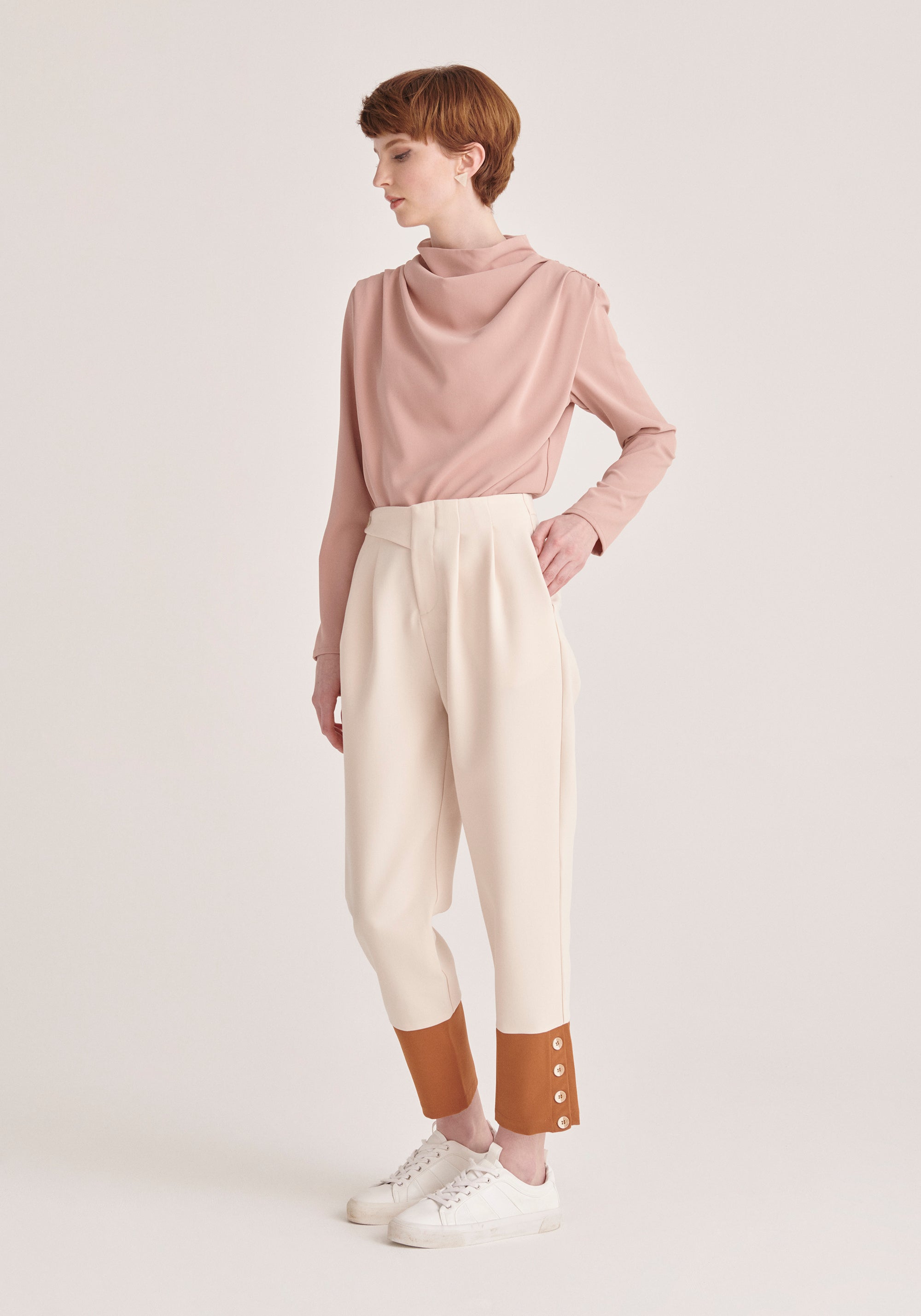 Paisie Two Tone Button Trousers in Cream and Brown