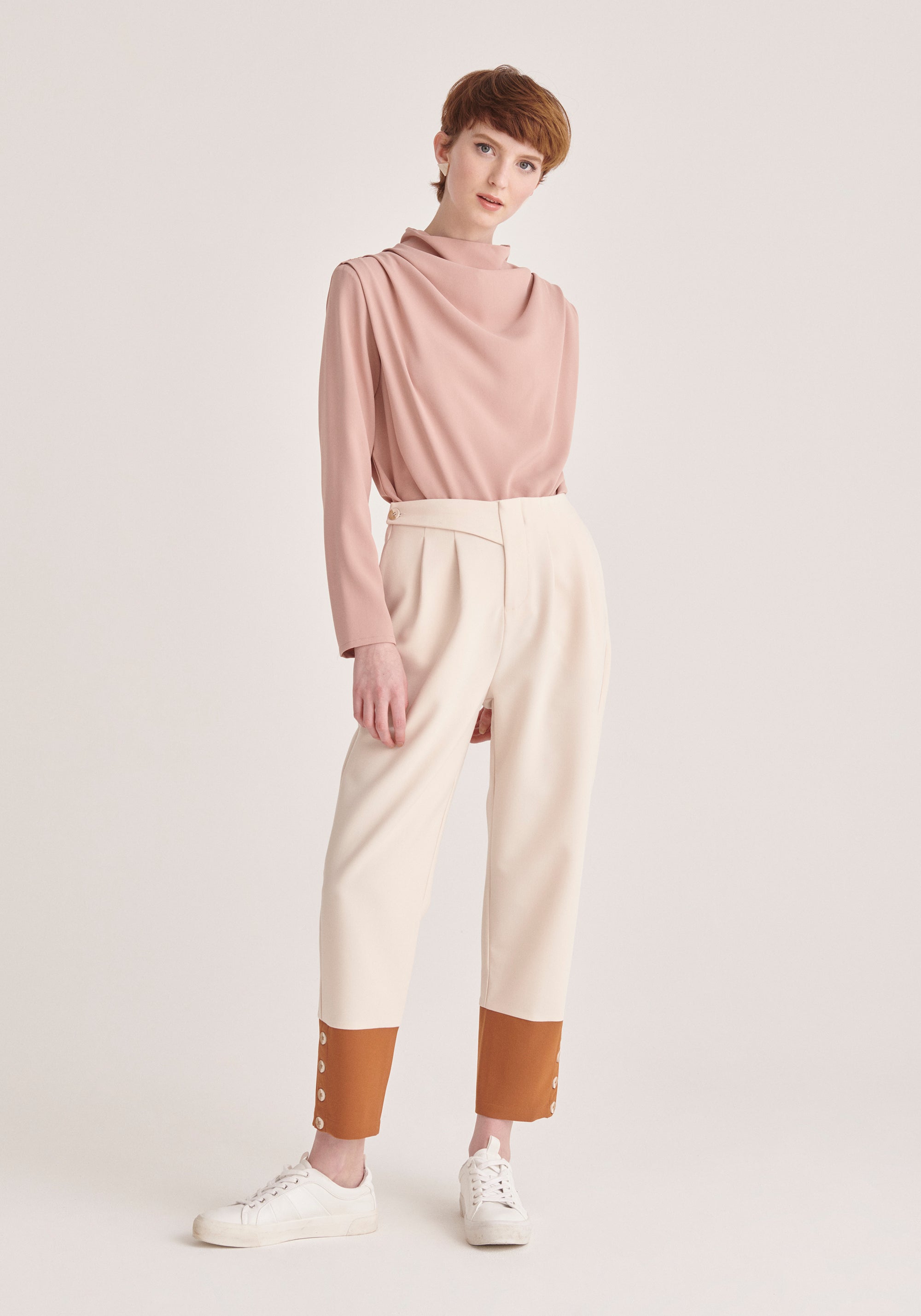 Paisie Two Tone Button Trousers in Cream and Brown