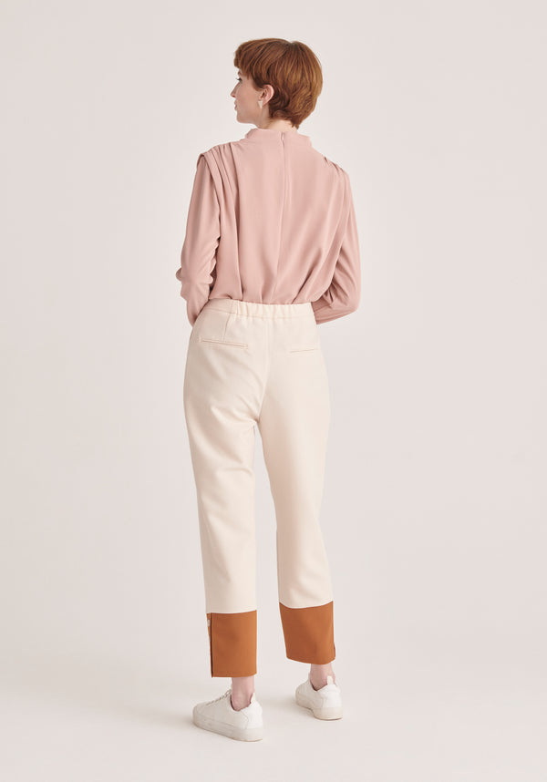 Paisie Two Tone Button Trousers in Cream and Brown Back