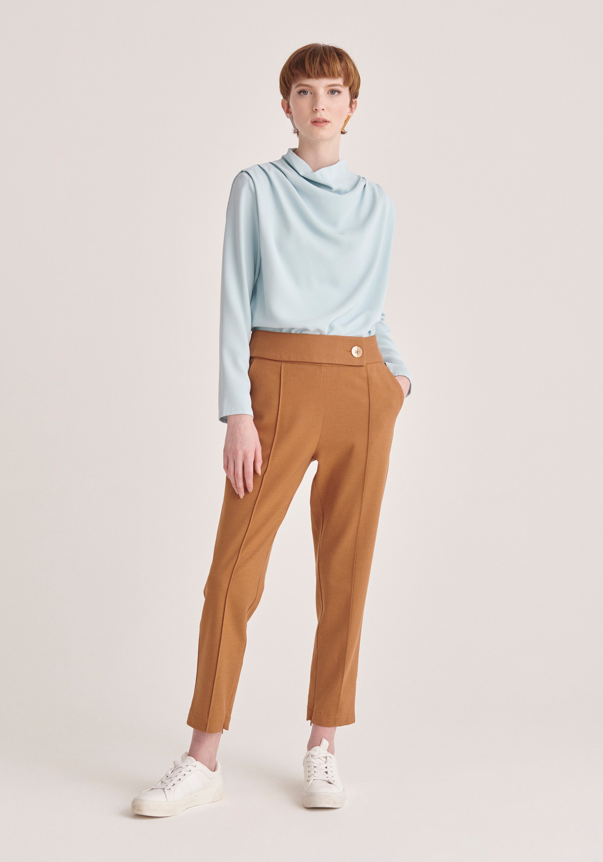 Paisie High Waist Slim Fit Trousers in Brown