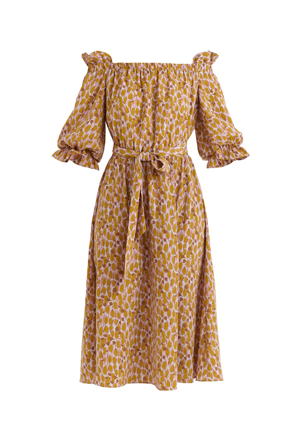 Paisie Floral Bardot Off Shoulder Dress in Brown Cut Out