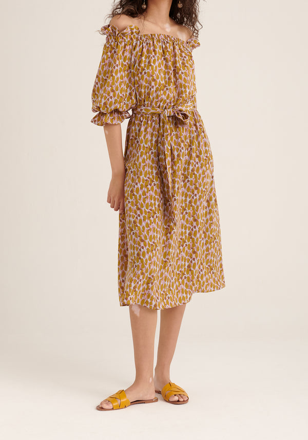 Paisie Floral Bardot Off Shoulder Dress in Brown