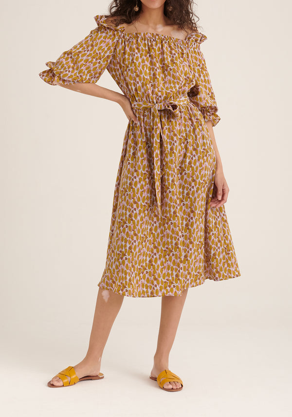 Paisie Floral Bardot Off Shoulder Dress in Brown