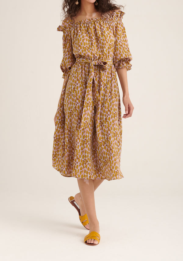 Paisie Floral Bardot Off Shoulder Dress in Brown