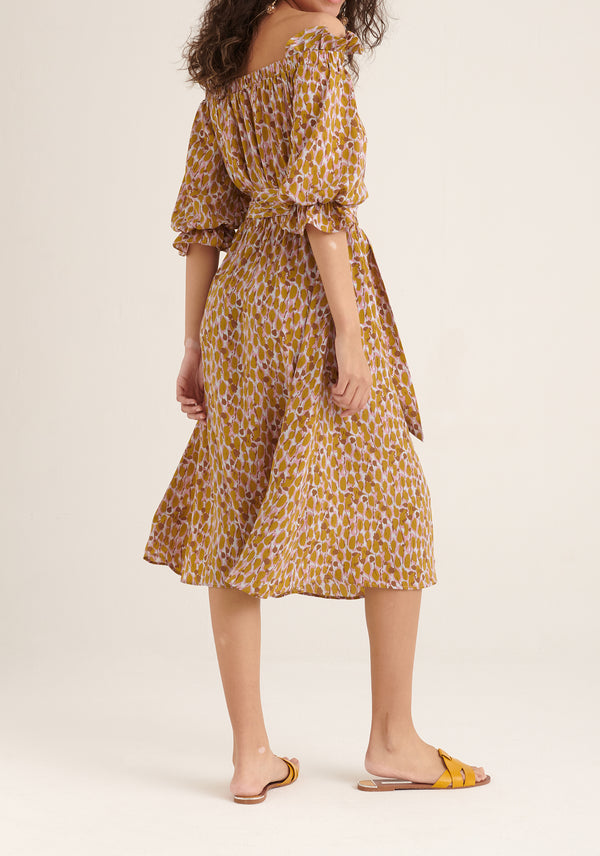 Paisie Floral Bardot Off Shoulder Dress in Brown Back