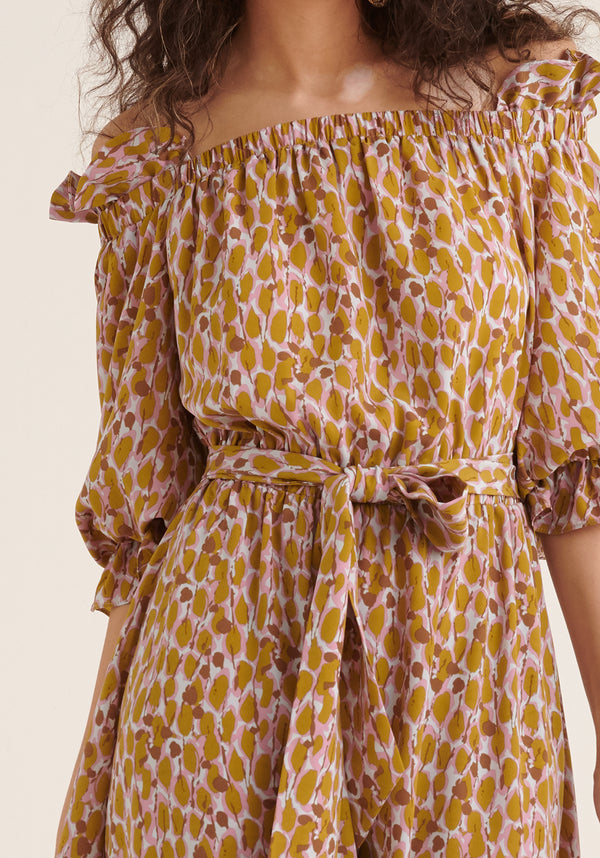 Paisie Floral Bardot Off Shoulder Dress in Brown Close Up