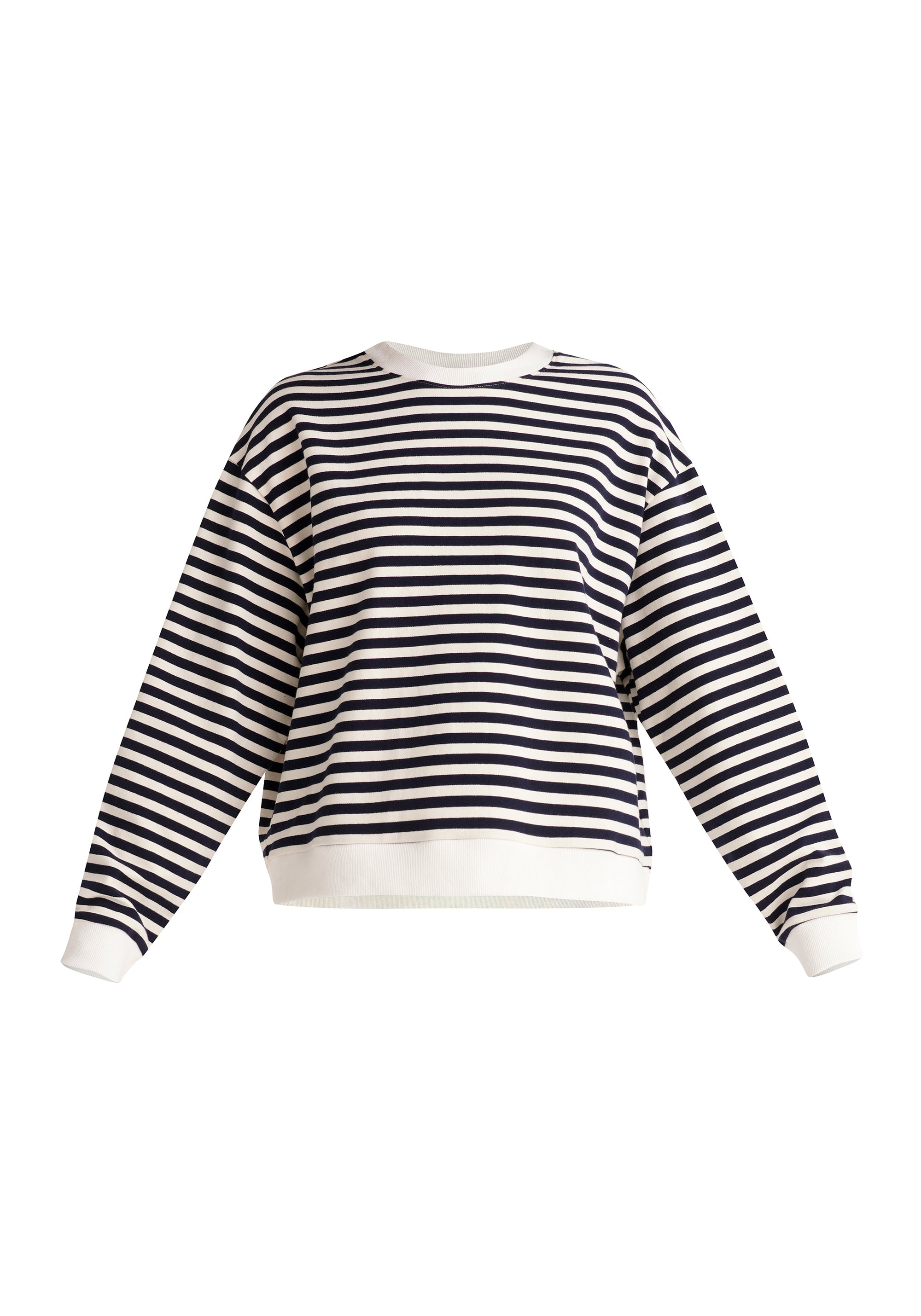Paisie Striped Breton Crew Neck Sweatshirt in Navy and White Cut Out