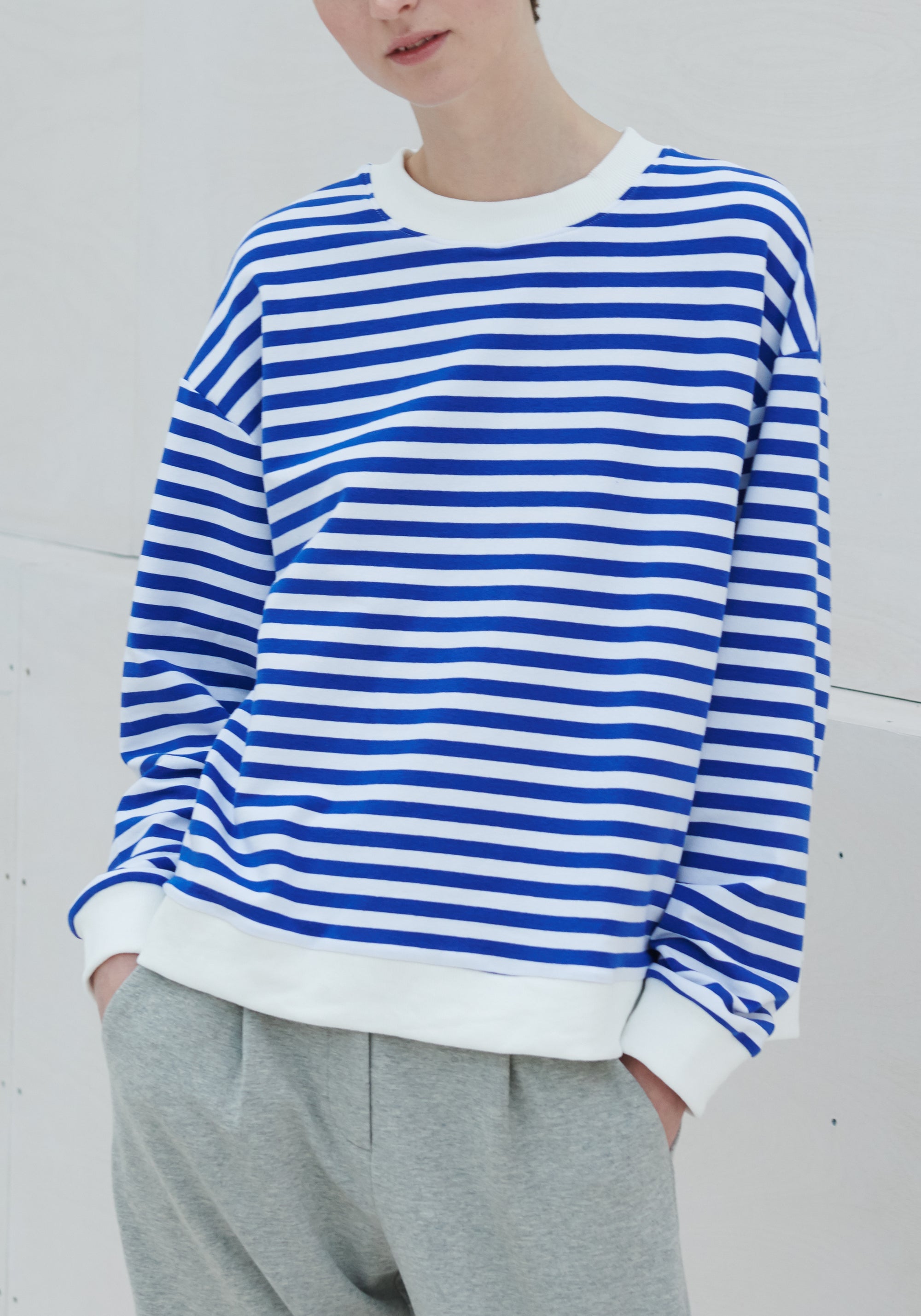 Paisie Striped Breton Cotton Sweatshirt in Blue and White Close Up