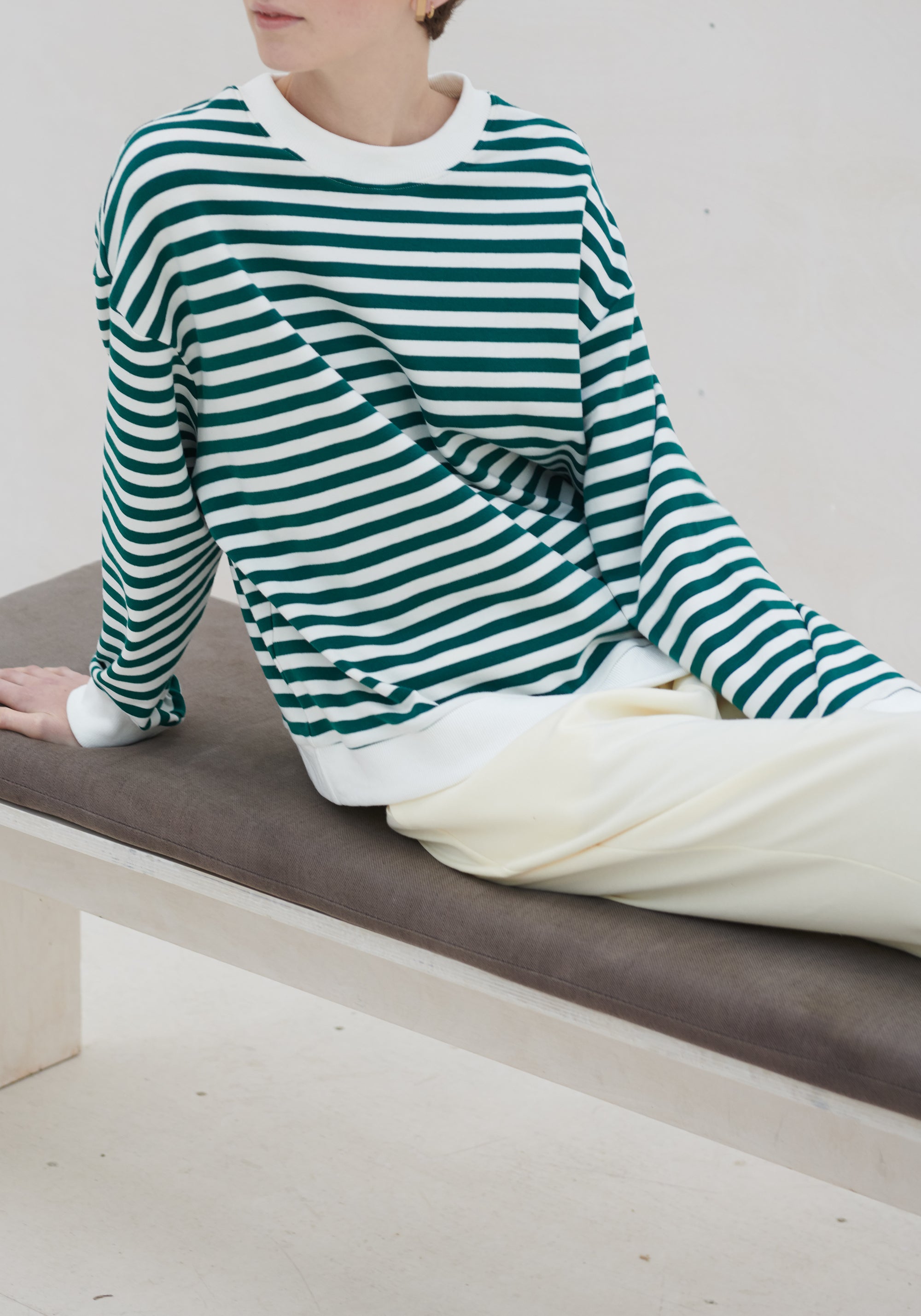 Paisie Striped Breton Cotton Sweatshirt in Green and White