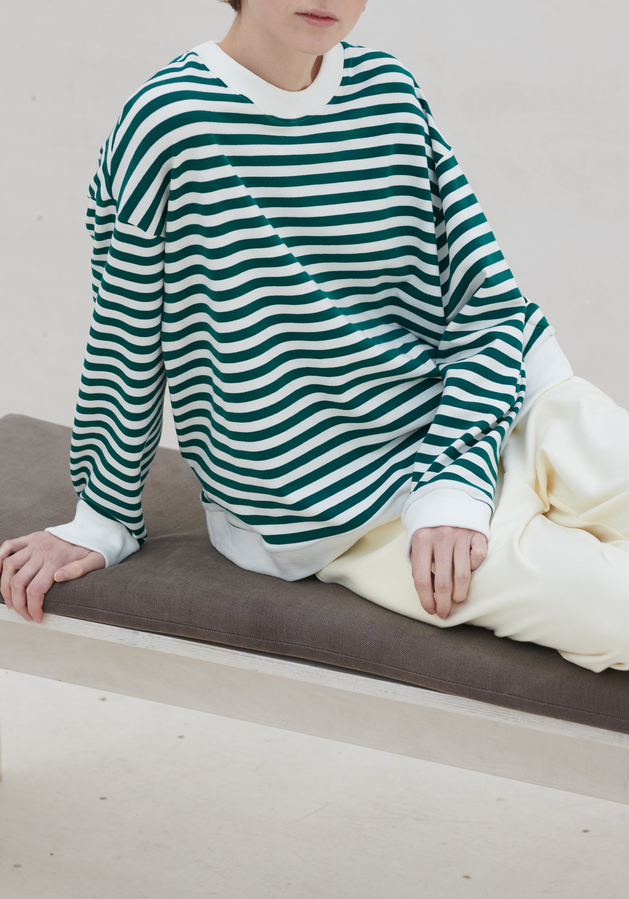 Paisie Striped Breton Cotton Sweatshirt in Green and White