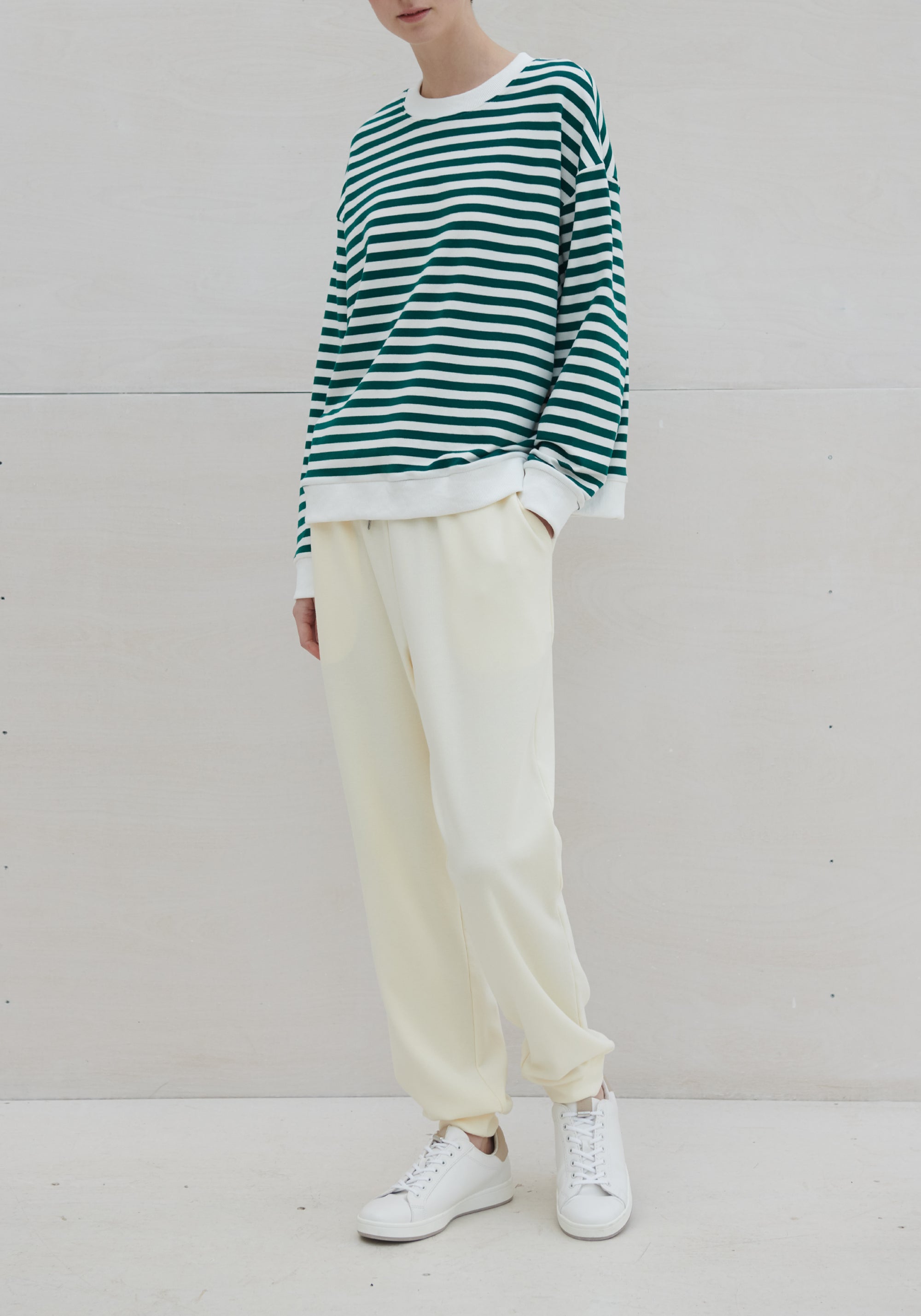 Paisie Striped Breton Cotton Sweatshirt in Green and White