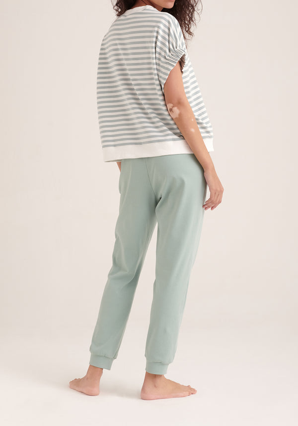 Paisie Striped Short Sleeve Sweatshirt in Green and White Back