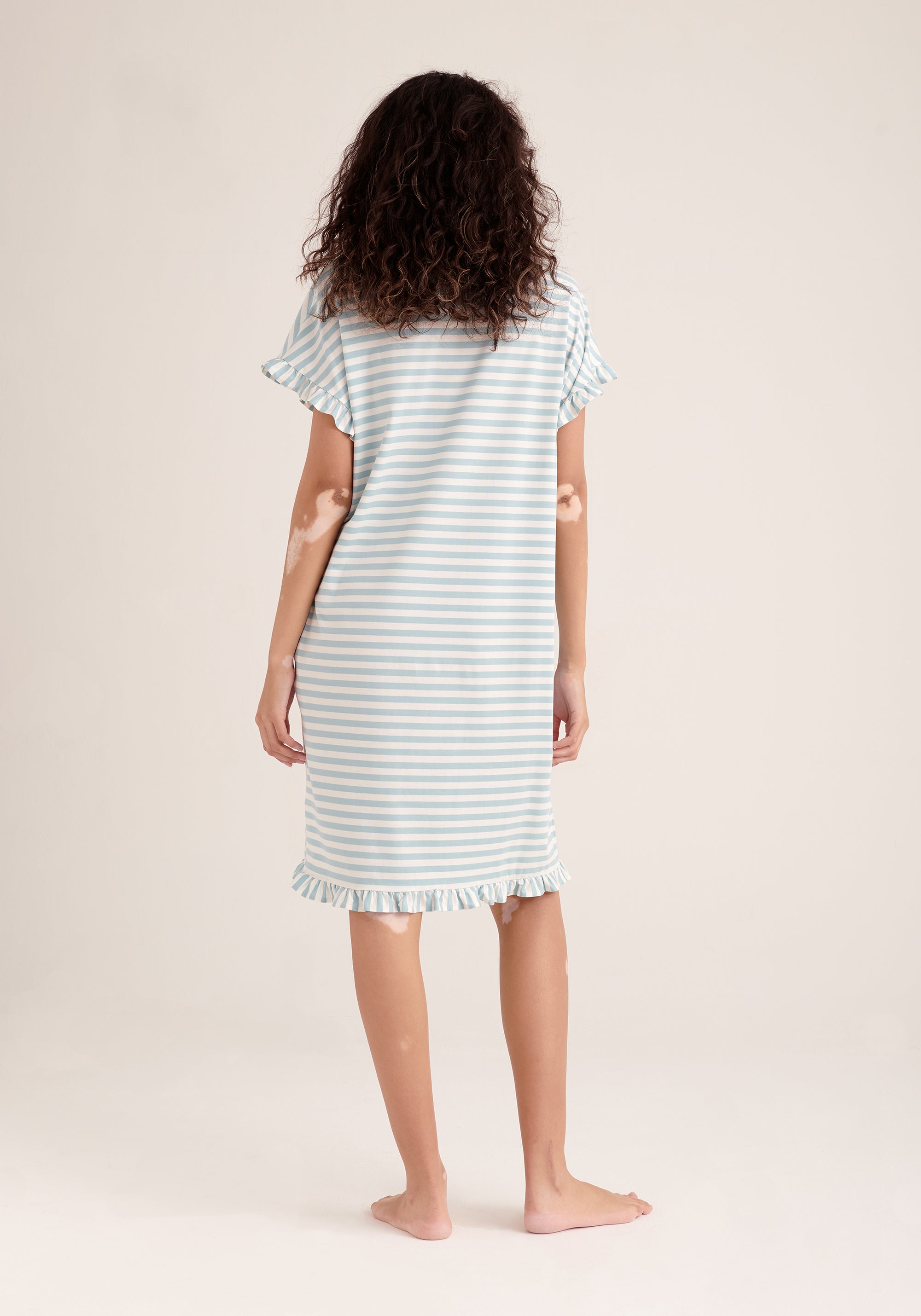 Paisie Striped Cotton Pyjama Dress in Light Blue and White Back