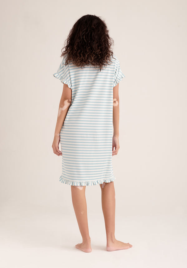 Paisie Striped Cotton Pyjama Dress in Light Blue and White Back