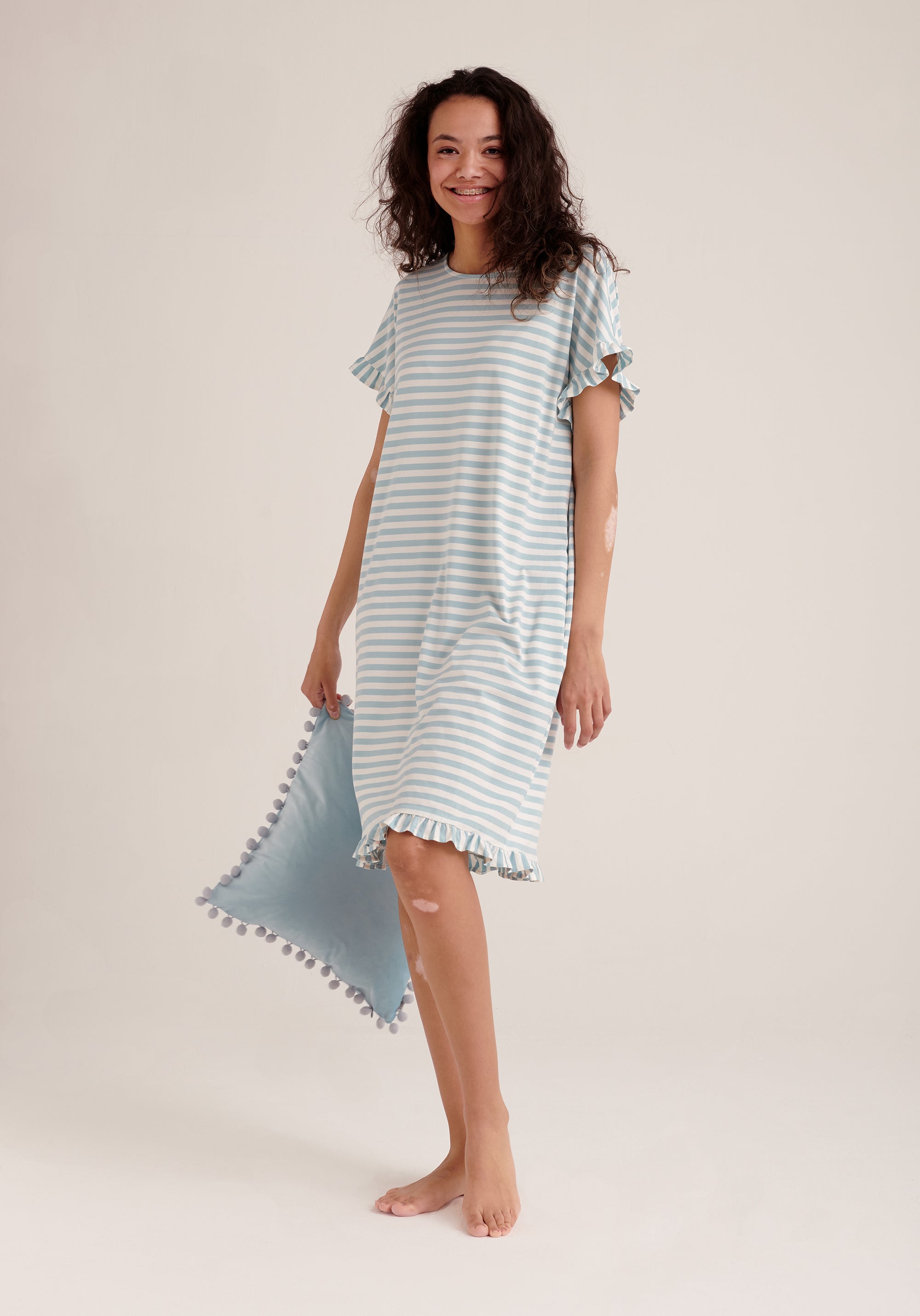 Paisie Striped Cotton Pyjama Dress in Light Blue and White
