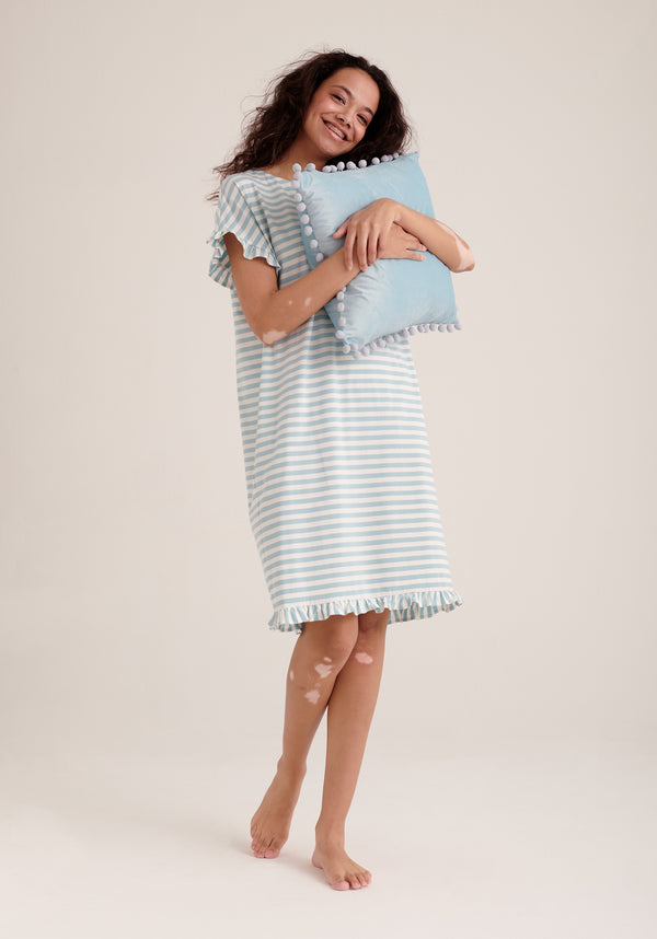 Paisie Striped Cotton Pyjama Dress in Light Blue and White