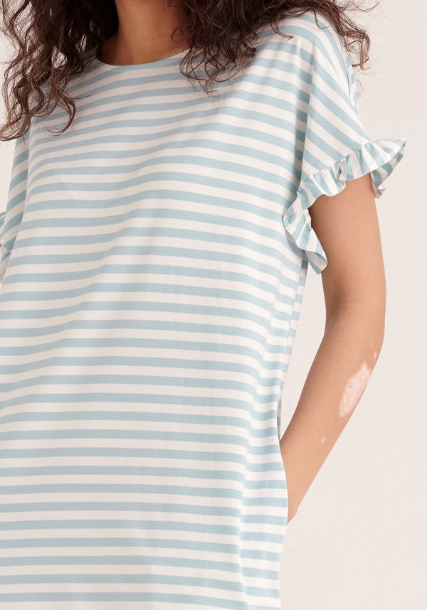 Paisie Striped Cotton Pyjama Dress in Light Blue and White Close Up
