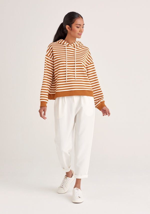 Paisie Striped Cotton Hoodie with Drawstrings in Brown and Cream