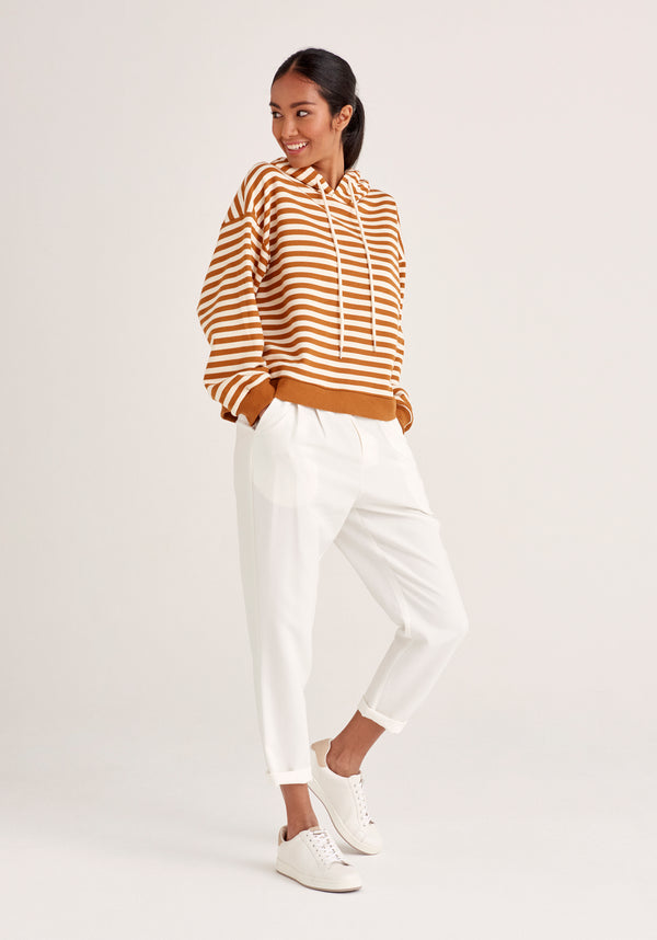 Paisie Striped Cotton Hoodie with Drawstrings in Brown and Cream