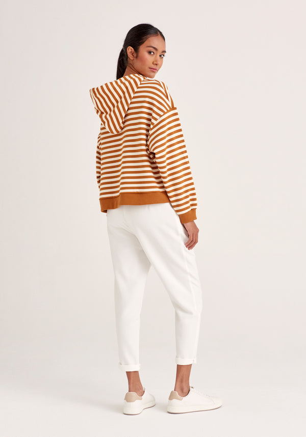 Paisie Striped Cotton Hoodie with Drawstrings in Brown and Cream Back