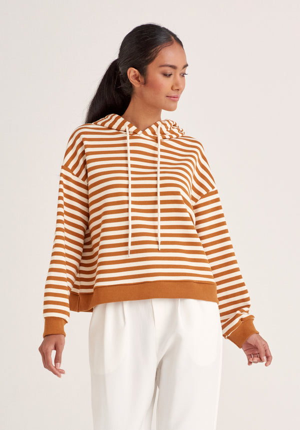 Paisie Striped Cotton Hoodie with Drawstrings in Brown and Cream