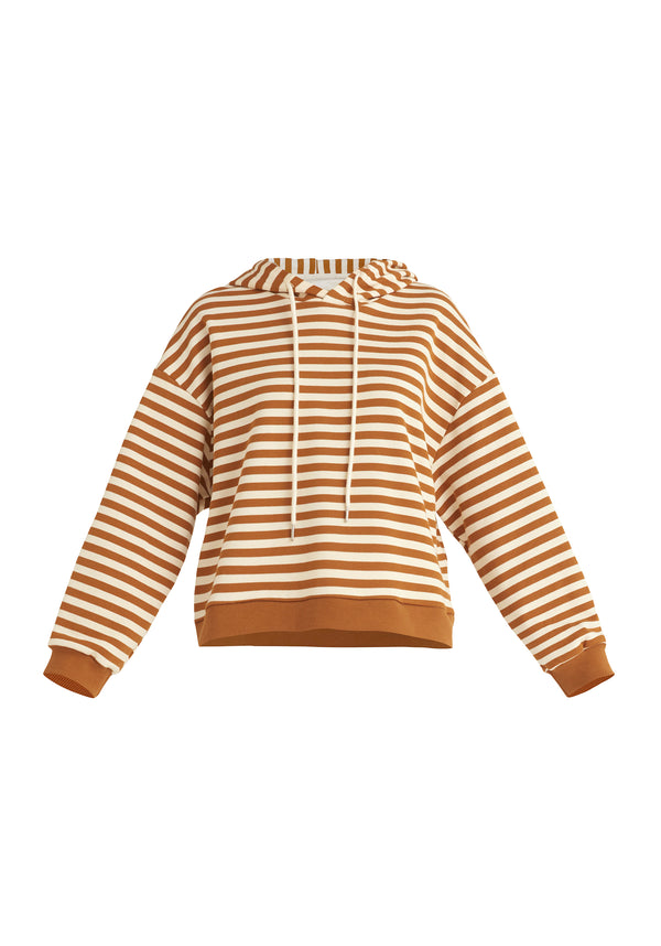 Paisie Striped Cotton Hoodie with Drawstrings in Brown and Cream Cut Out