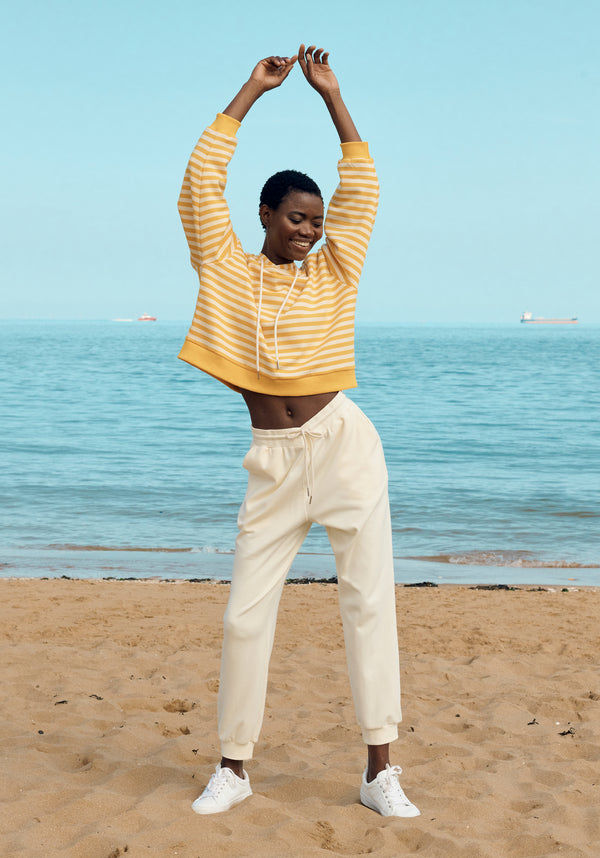 Paisie Striped Cotton Hoodie with Drawstrings in Yellow and Cream