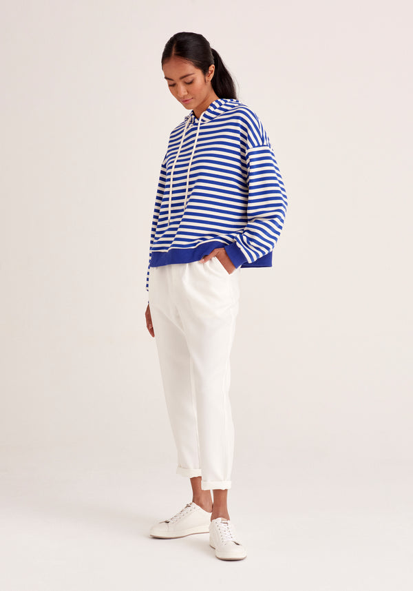 Paisie Striped Cotton Hoodie with Drawstrings in Blue and Cream