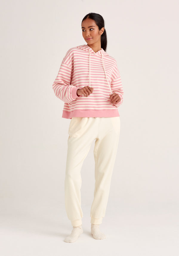 Paisie Striped Cotton Hoodie with Drawstrings in Pink and Cream