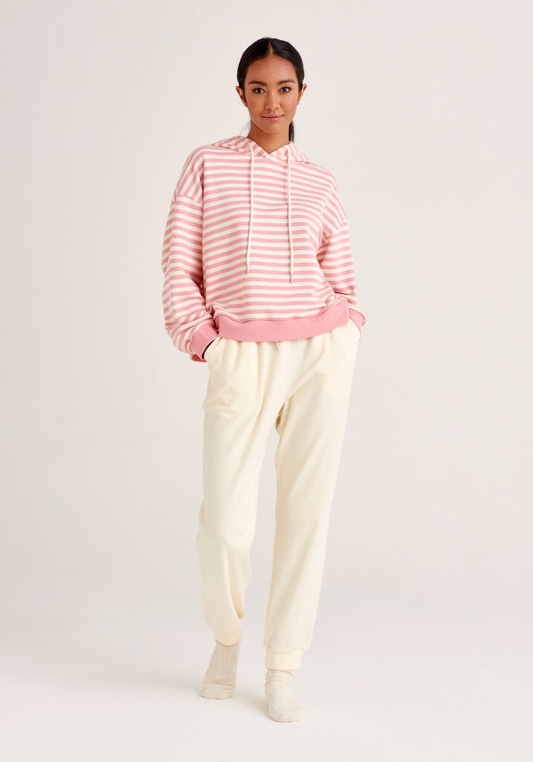 Paisie Striped Cotton Hoodie with Drawstrings in Pink and Cream
