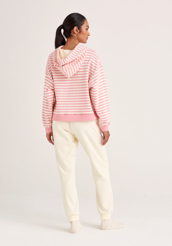 Paisie Striped Cotton Hoodie with Drawstrings in Pink and Cream Back