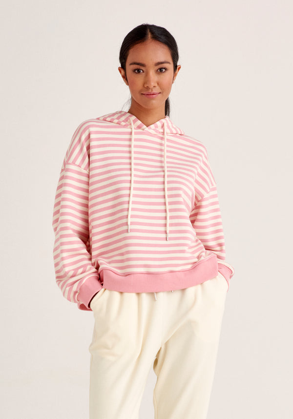 Paisie Striped Cotton Hoodie with Drawstrings in Pink and Cream