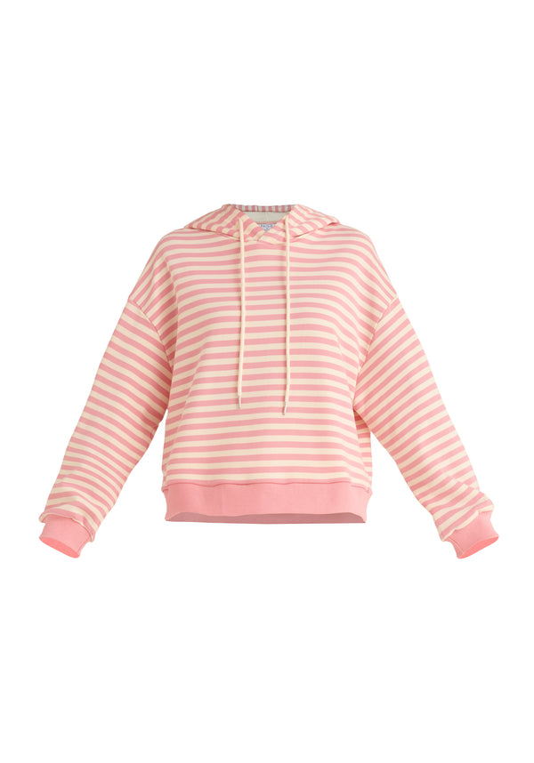 Paisie Striped Cotton Hoodie with Drawstrings in Pink and Cream Cut Out